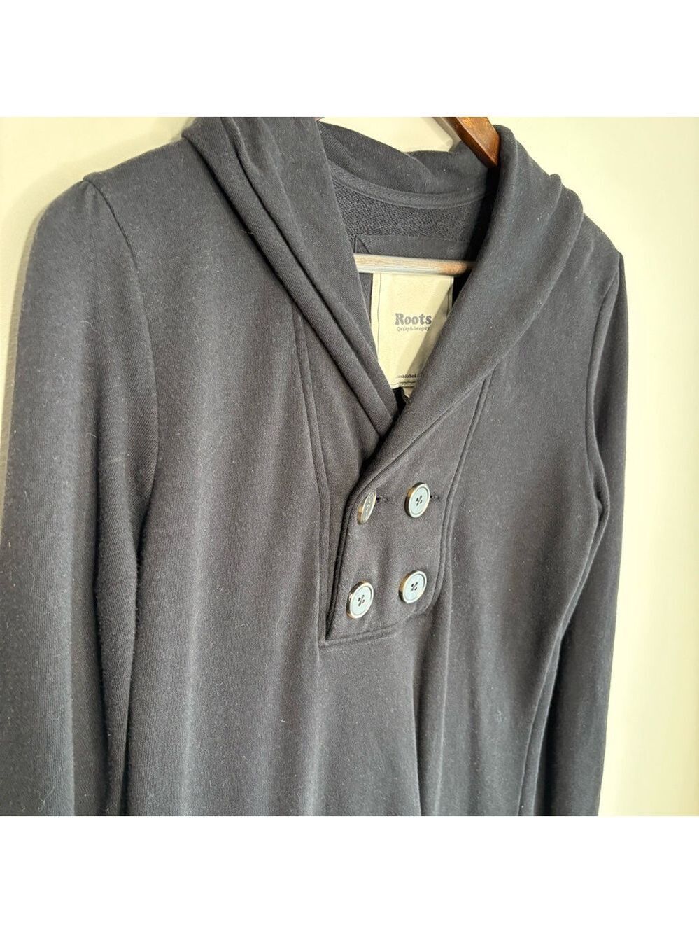 Roots Black Hoodie Dress Button Neck Medium - Picture 3 of 11